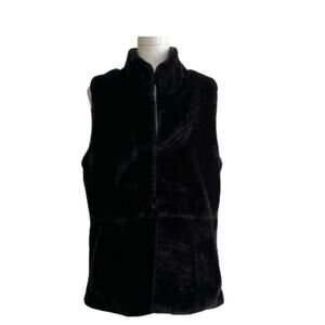 Talbots Womens Vest Coat Black Plush Faux Fur Pockets Lined Vest Size S/M